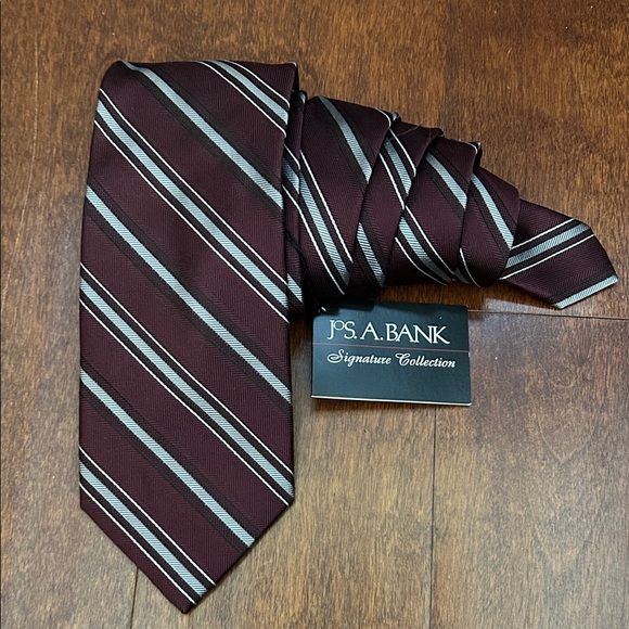 Jos. A. Bank 100% Silk Burgundy and Silver Striped Tie, New with Tags - Picture 1 of 11